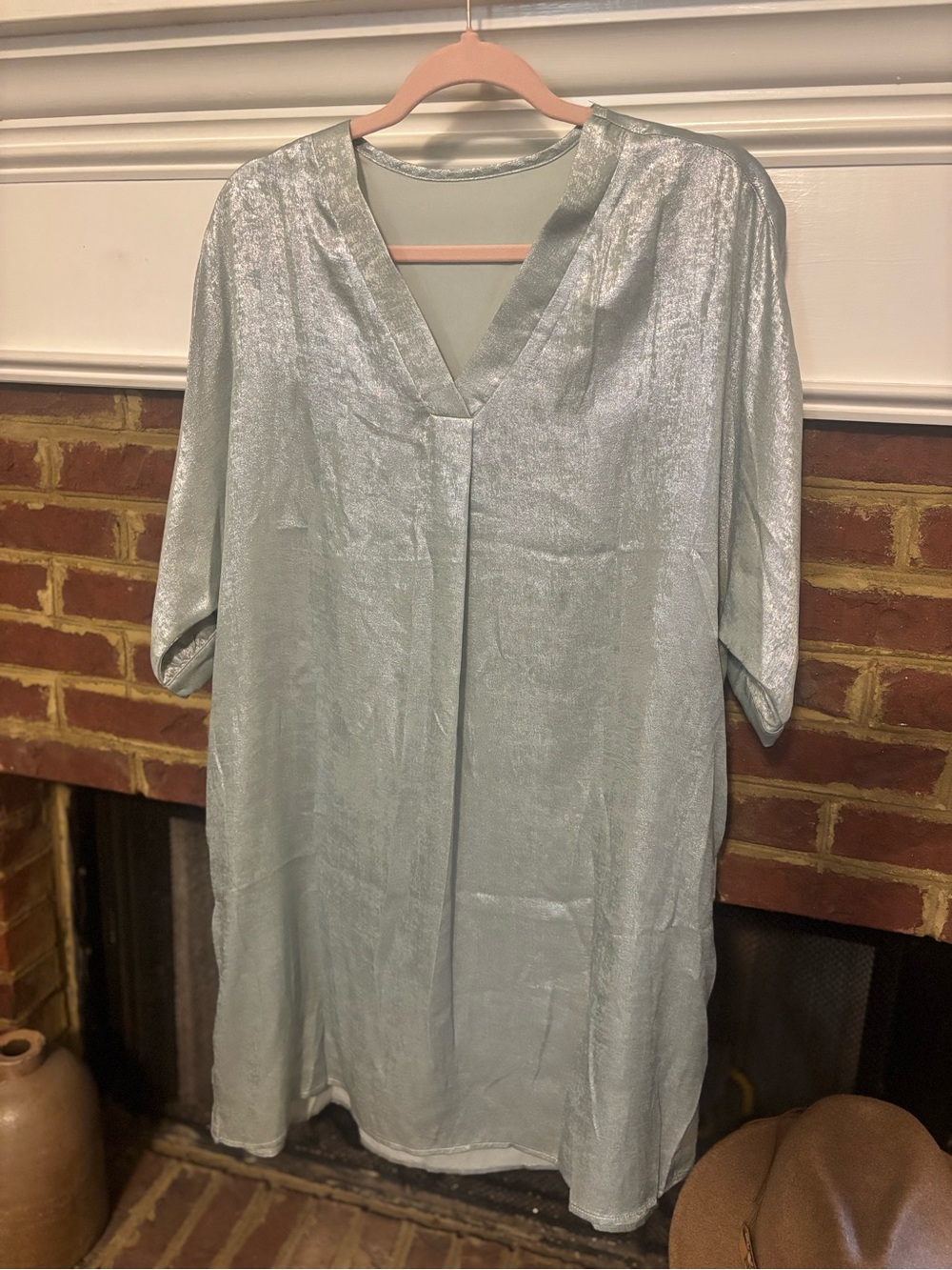Light Blue Metallic V-Neck Women’s Tunic Top